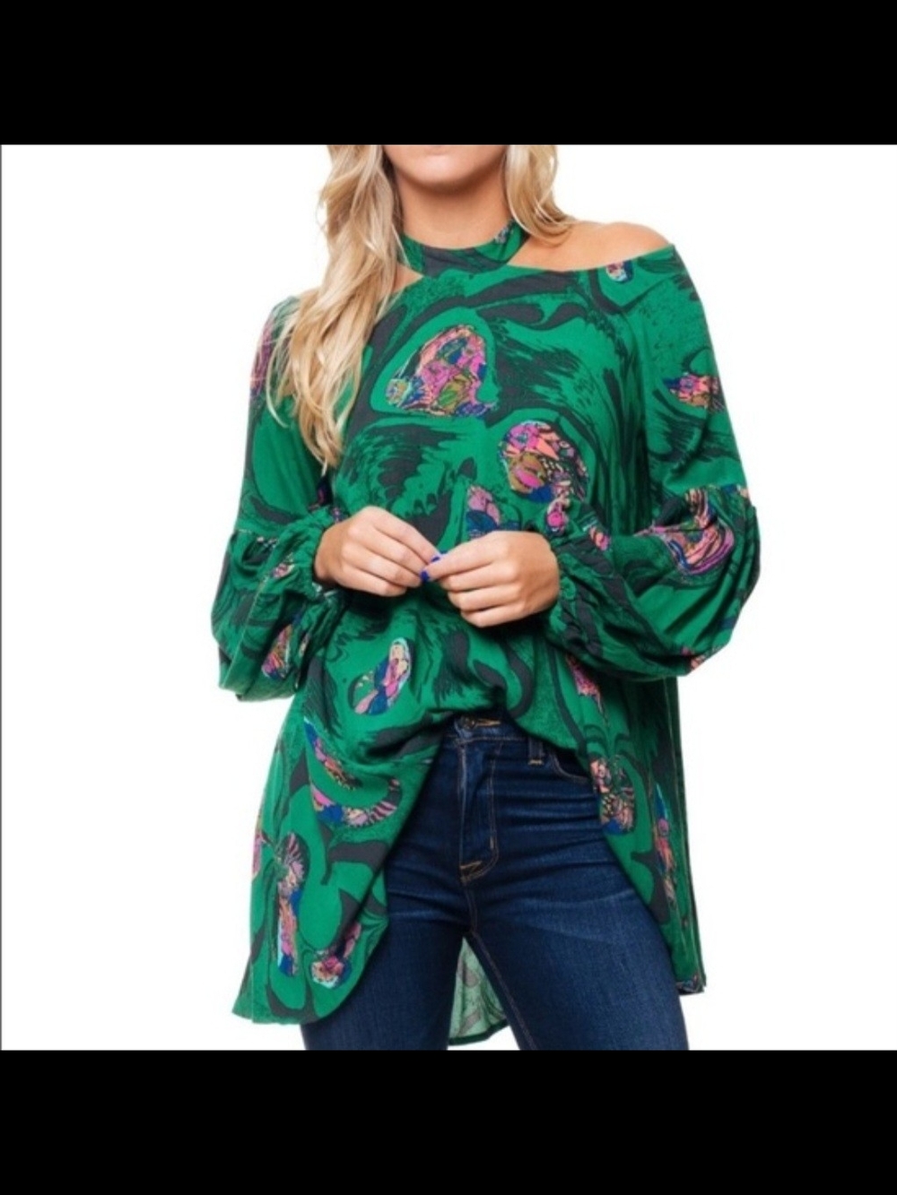Free People Emerald Green Off-Shoulder Printed Tunic